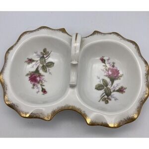 Vintage Lipper Mann Bond Ware Double Trinket Tray  7.75 in Long Floral Handle